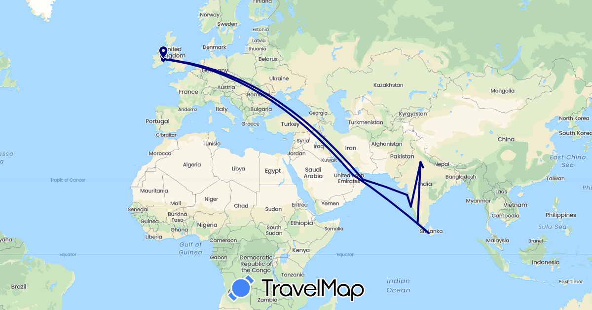TravelMap itinerary: driving in United Arab Emirates, Ireland, India, Sri Lanka, Oman (Asia, Europe)